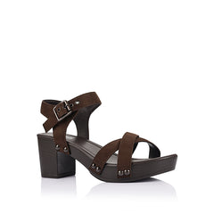 Women's chocolate brown microsuede vegan clog strappy platform sandal
