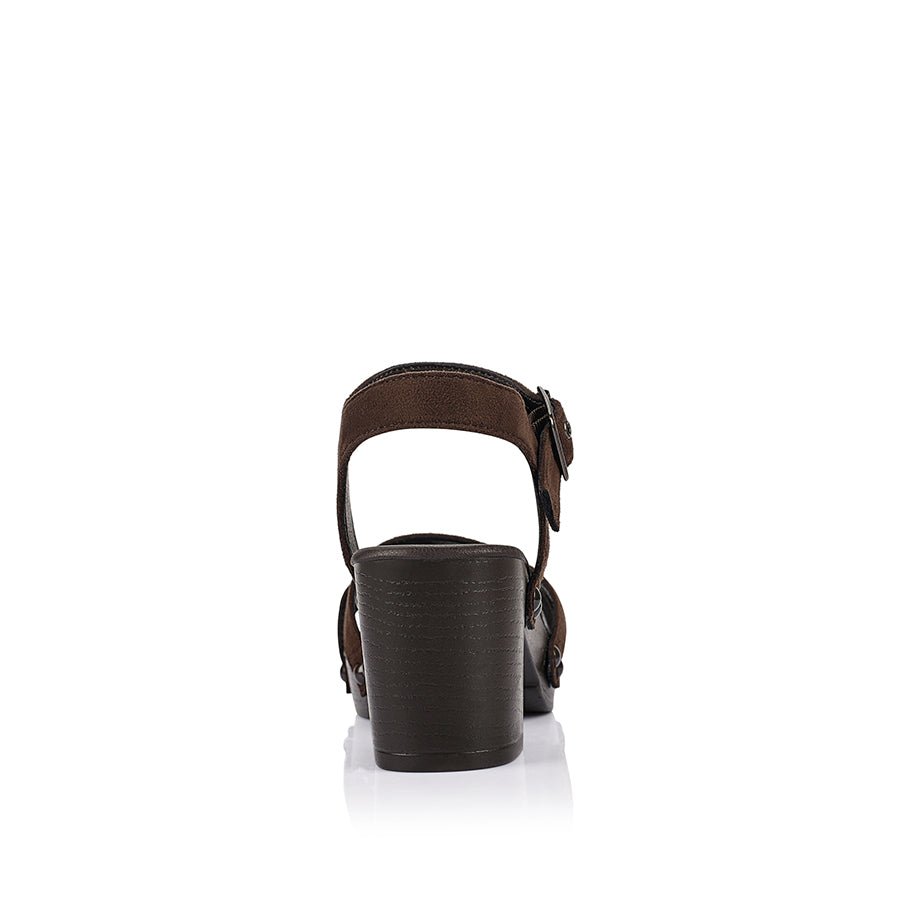 Women's chocolate brown microsuede vegan clog strappy platform sandal