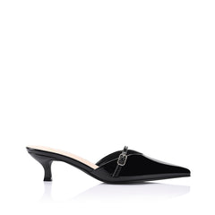 Women's black patent kitten heel mule with pointed toe and mary jane strap