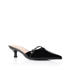 Women's black patent kitten heel mule with pointed toe and mary jane strap