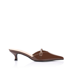 Women's brown patent kitten heel mule with pointed toe and mary jane strap