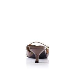 Women's brown patent kitten heel mule with pointed toe and mary jane strap