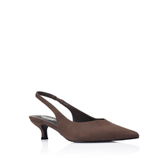 Women's chocolate brown microsuede vegan slingback kitten heel with pointed toe and elastic fastening