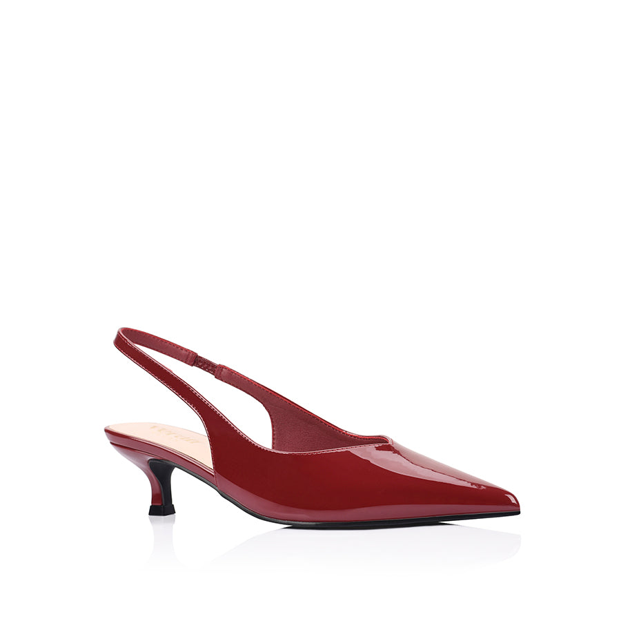 Women's red wine patent vegan slingback kitten heel with pointed toe and elastic fastening