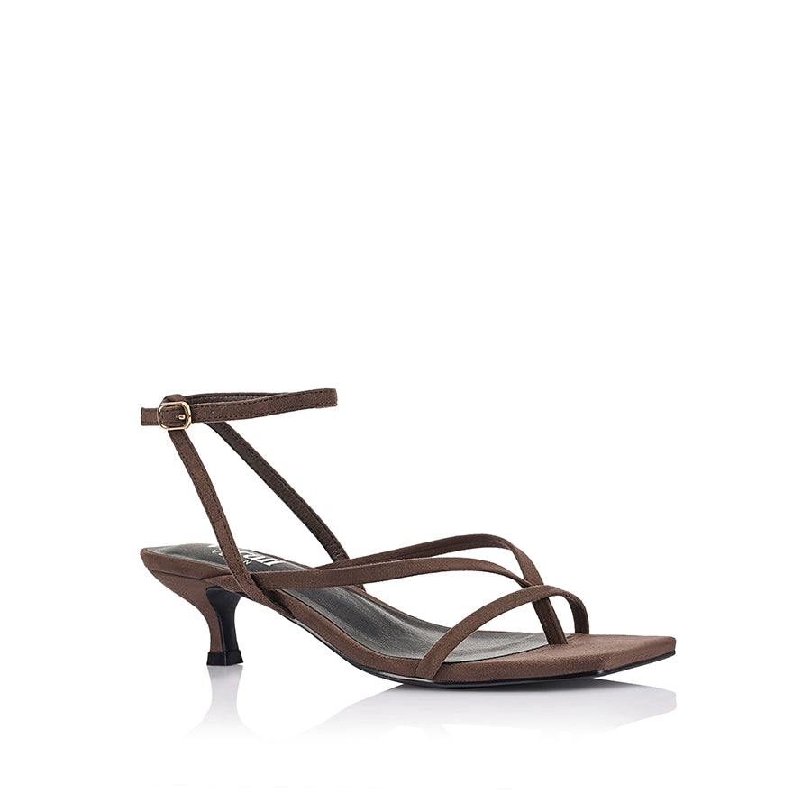 Women's low kitten heel, strappy thong style with adjustable ankle strap in chocolate brown microsuede