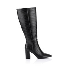 Women's vegan black croc embossed knee high boot with block heel and pointed toe