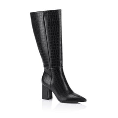 Women's vegan black croc embossed knee high boot with block heel and pointed toe