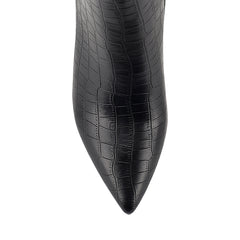 Women's vegan black croc embossed knee high boot with block heel and pointed toe