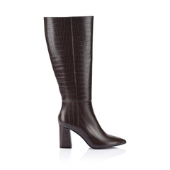 Women's vegan chocolate brown croc embossed knee high boot with block heel and pointed toe