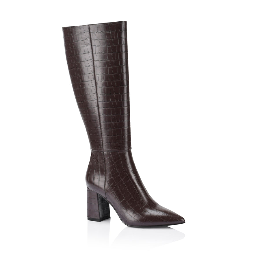 Women's vegan chocolate brown croc embossed knee high boot with block heel and pointed toe