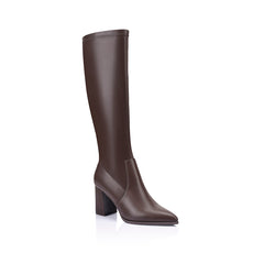 Chocolate brown knee-high boot on a mid block heel