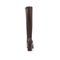 Chocolate brown knee-high boot on a mid block heel