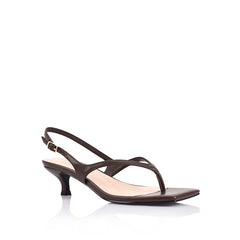 Women's heeled thong sandal with buckle slingback and modern square toe in vegan chocolate brown