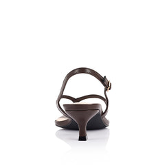 Women's heeled thong sandal with buckle slingback and modern square toe in vegan chocolate brown