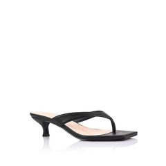 Women's kitten heel thong strappy sandal with square toe in black vegan materials