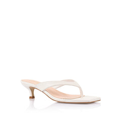 Women's kitten heel thong strappy sandal with square toe in white vegan materials