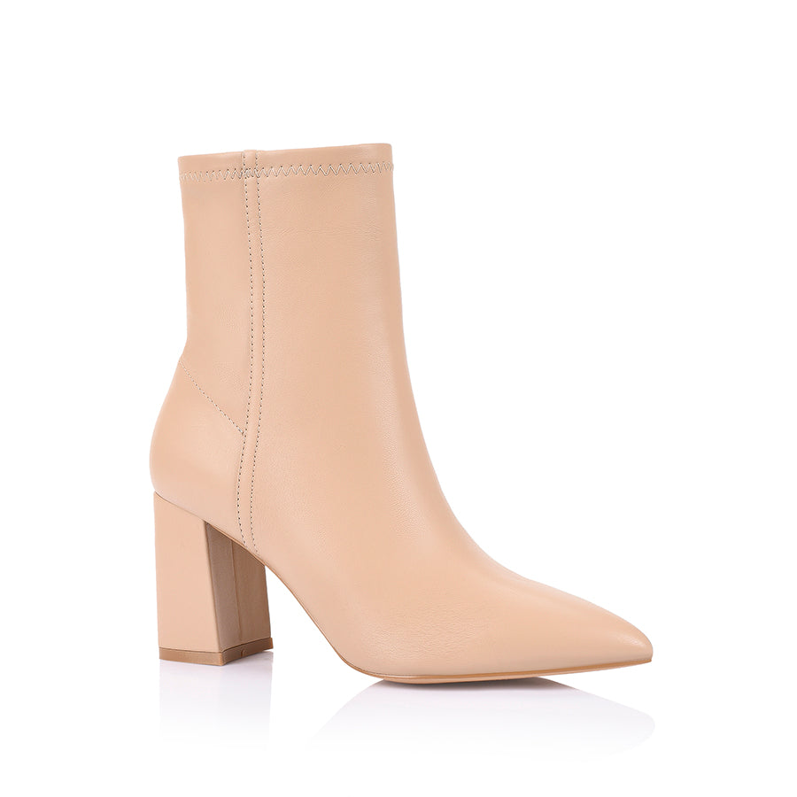 Women's vegan beige nude smooth block heel ankle boot with pointed toe