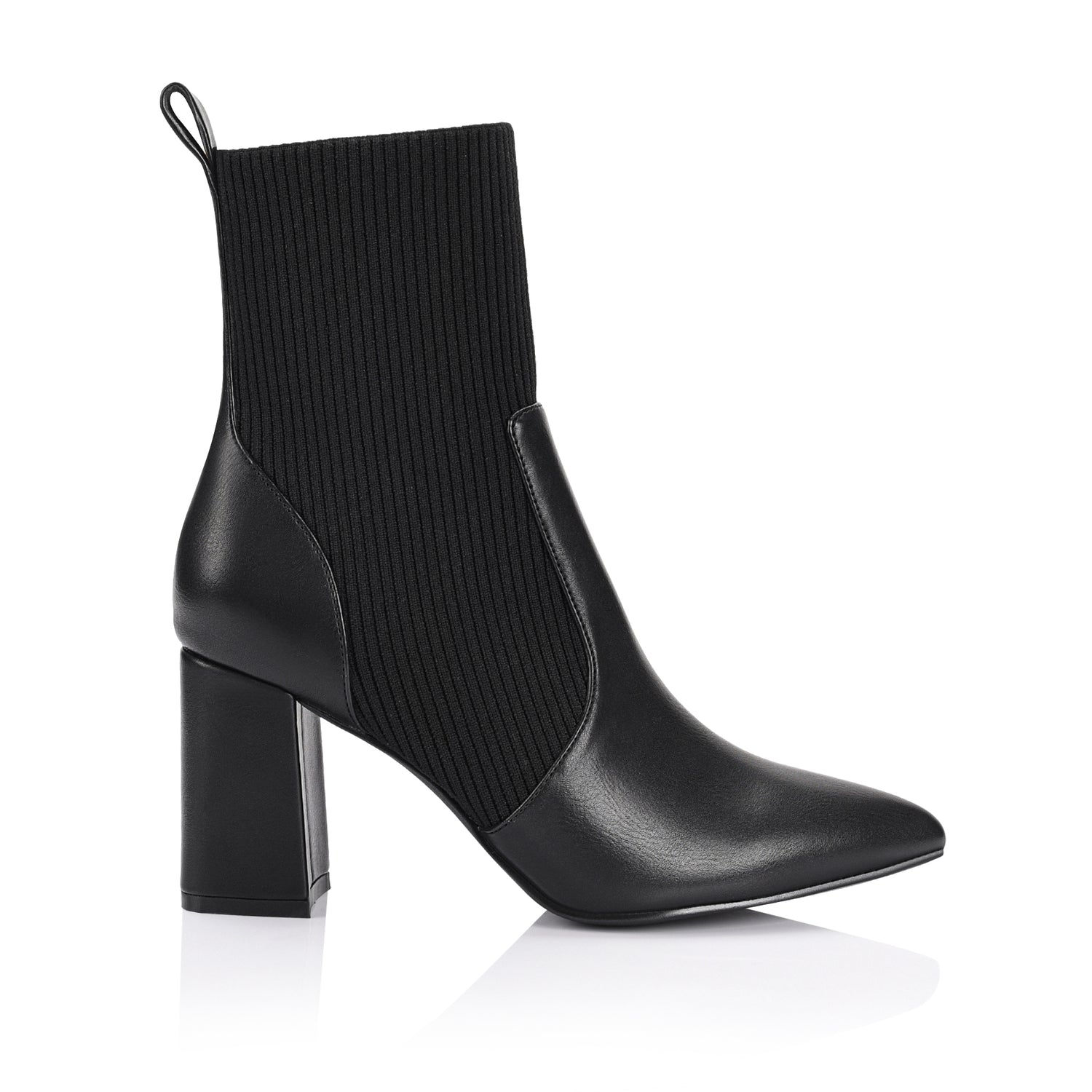 Women's black smooth and knit ankle boot with block heel
