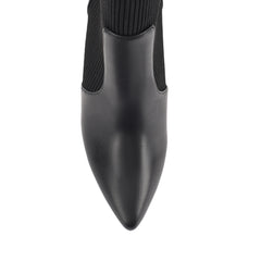 Women's black smooth and knit ankle boot with block heel