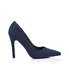 Navy microsuede high heel pump with a pointed toe shape