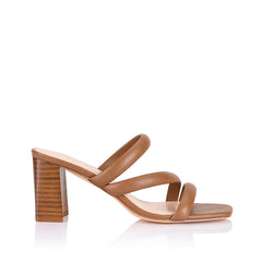 Women's tan strappy block heeled mule