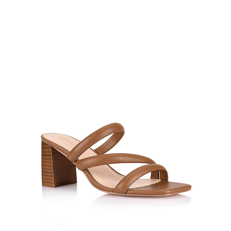 Women's tan strappy block heeled mule