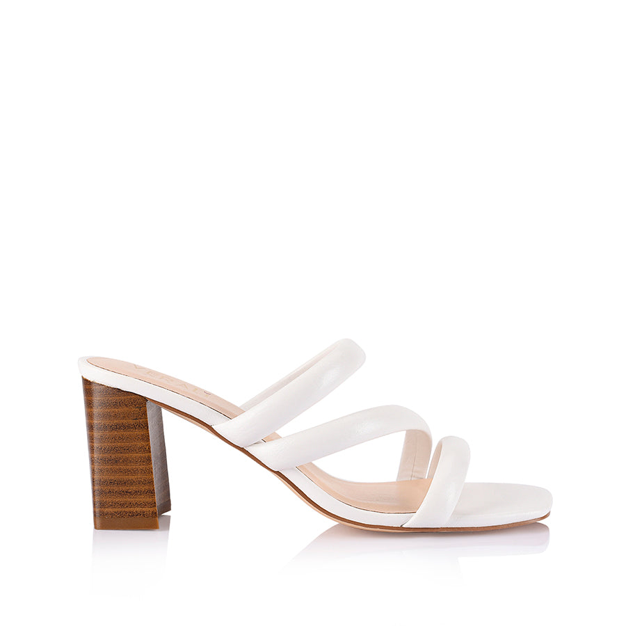 Women's white strappy block heeled mule