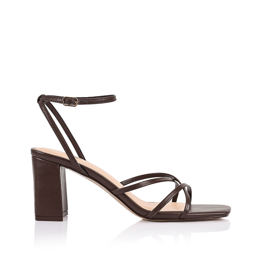 Women's chocolate vegan leather block heel strapy sandal with square toe and ankle buckle