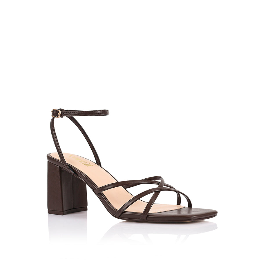 Women's chocolate vegan leather block heel strapy sandal with square toe and ankle buckle