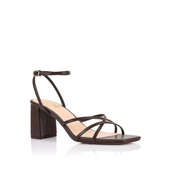Women's chocolate vegan leather block heel strapy sandal with square toe and ankle buckle