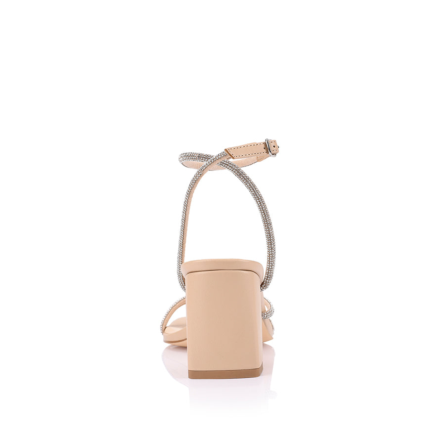 Women's beige nude strappy block heel with embellished straps