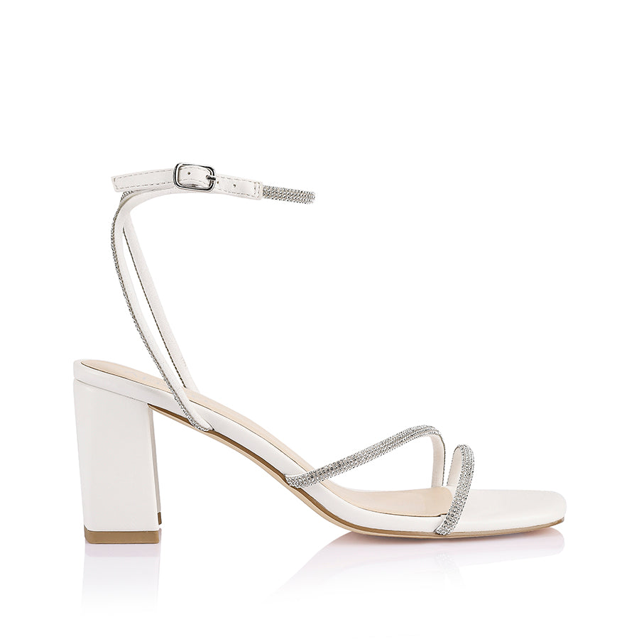 Women's white strappy block heel with embellished straps