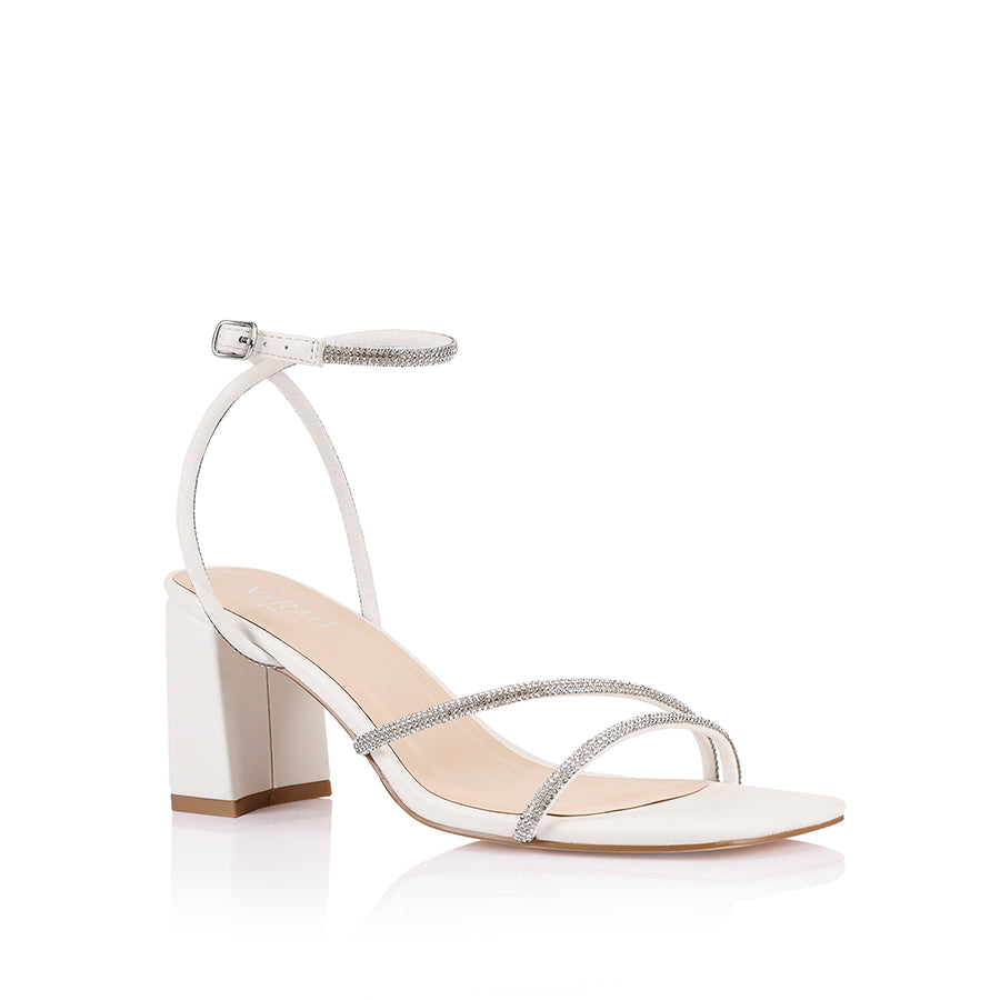 Women's white strappy block heel with embellished straps