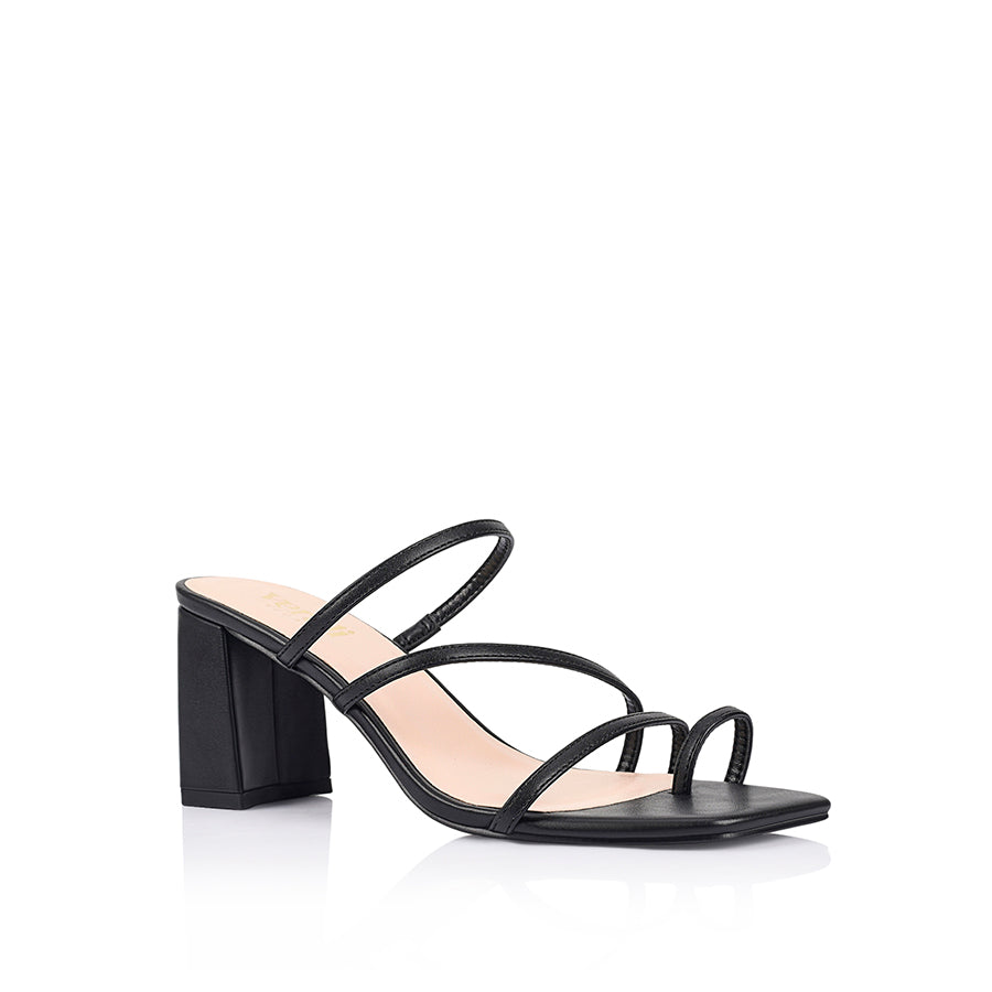Women's black vegan block heel strappy sandal with toe ring and square toe