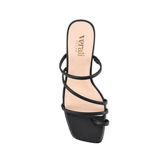 Women's black vegan block heel strappy sandal with toe ring and square toe