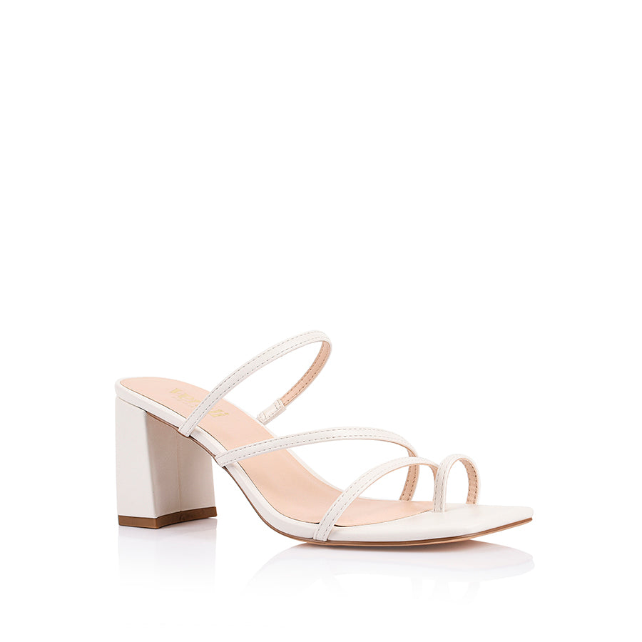 Women's chalk white vegan block heel strappy sandal with toe ring and square toe