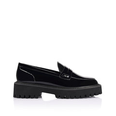 Women's chunky sole platform black patent loafer
