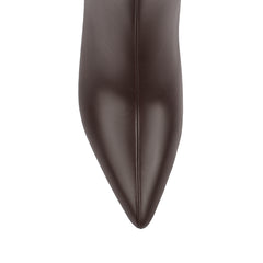 Brown high knee smooth boot with a kitten heel and zip closure