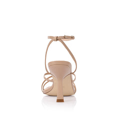 Women's heeled strappy sandal in beige vegan leather with ankle strap and square toe