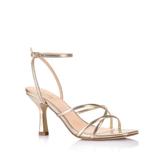 Women's heeled strappy sandal in champagne gold vegan leather with ankle strap and square toe
