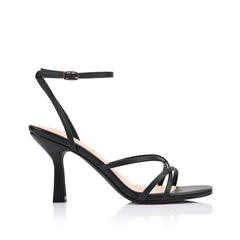 Women's black vegan strappy heeled sandal with square toe