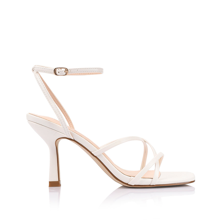 Women's white vegan strappy heeled sandal with square toe