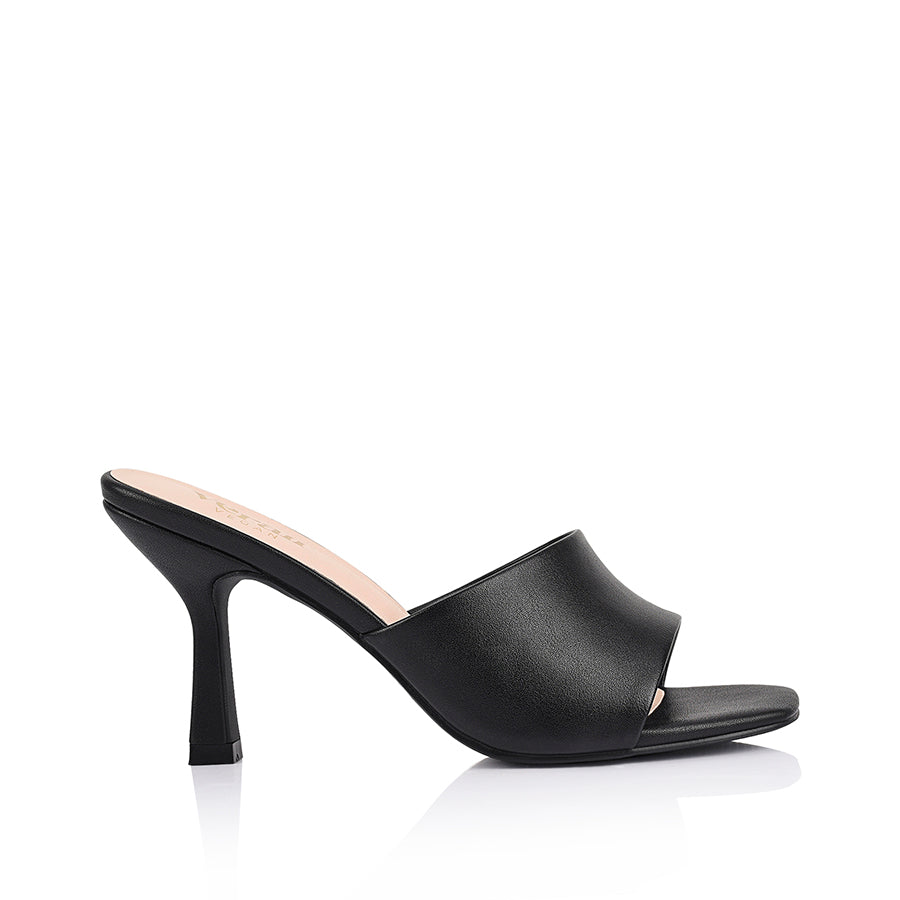 Women's black vegan stiletto heeled mule with square toe