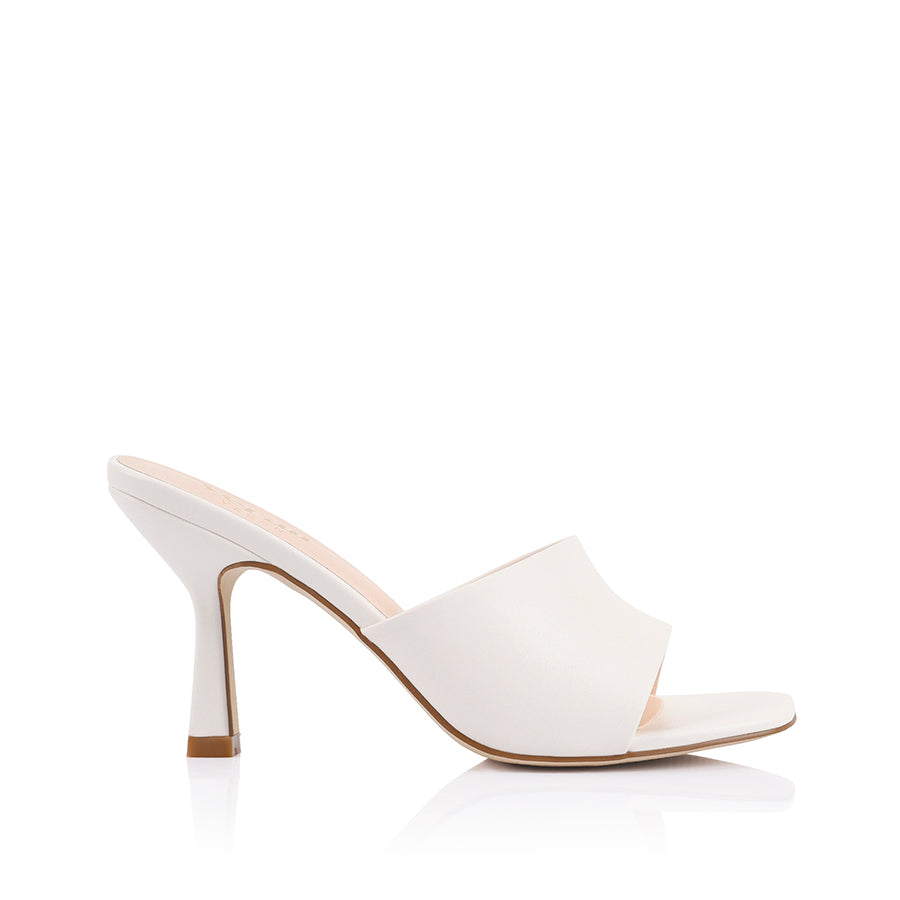 Women's white vegan stiletto heeled mule with square toe