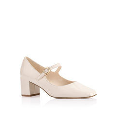 Women's patent Mary-Jane shoe with square toe shape and buckle closure