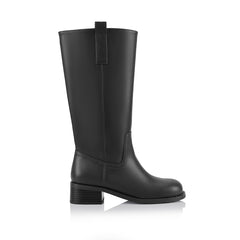Black knee-high boot with a rounded toe shape