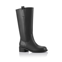 Black knee-high boot with a rounded toe shape