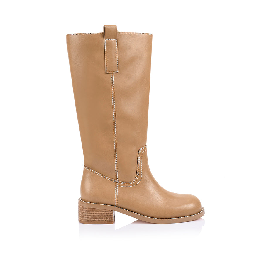 Camel knee-high boot with a rounded toe shape