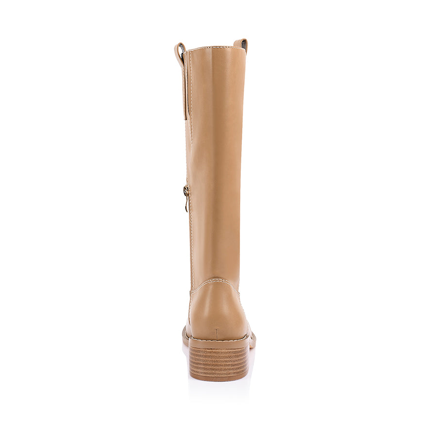 Camel knee-high boot with a rounded toe shape
