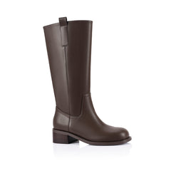 Brown knee-high boot with a rounded toe shape
